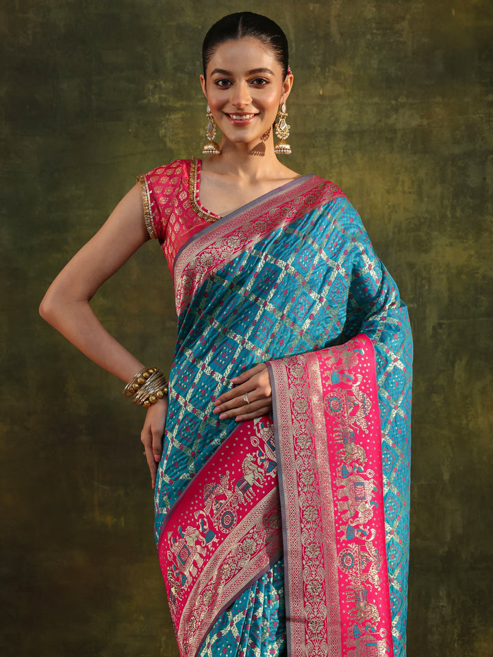 Blue Gharchola Woven Design Silk Blend Saree With Unstitched Blouse Piece