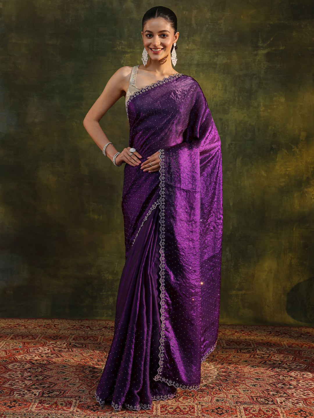Purple Embellished Tissue Saree With Unstitched Blouse Piece
