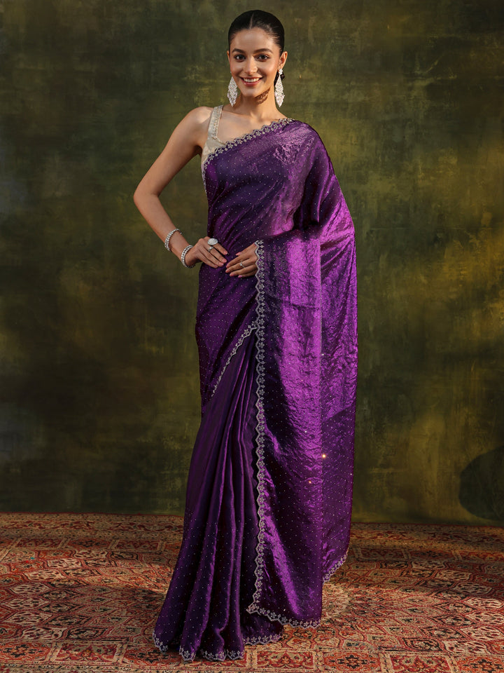 Purple Embellished Tissue Saree With Unstitched Blouse Piece