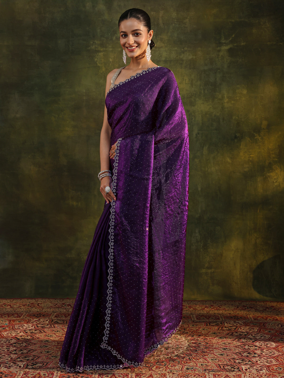 Purple Embellished Tissue Saree With Unstitched Blouse Piece