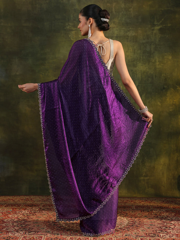 Purple Embellished Tissue Saree With Unstitched Blouse Piece