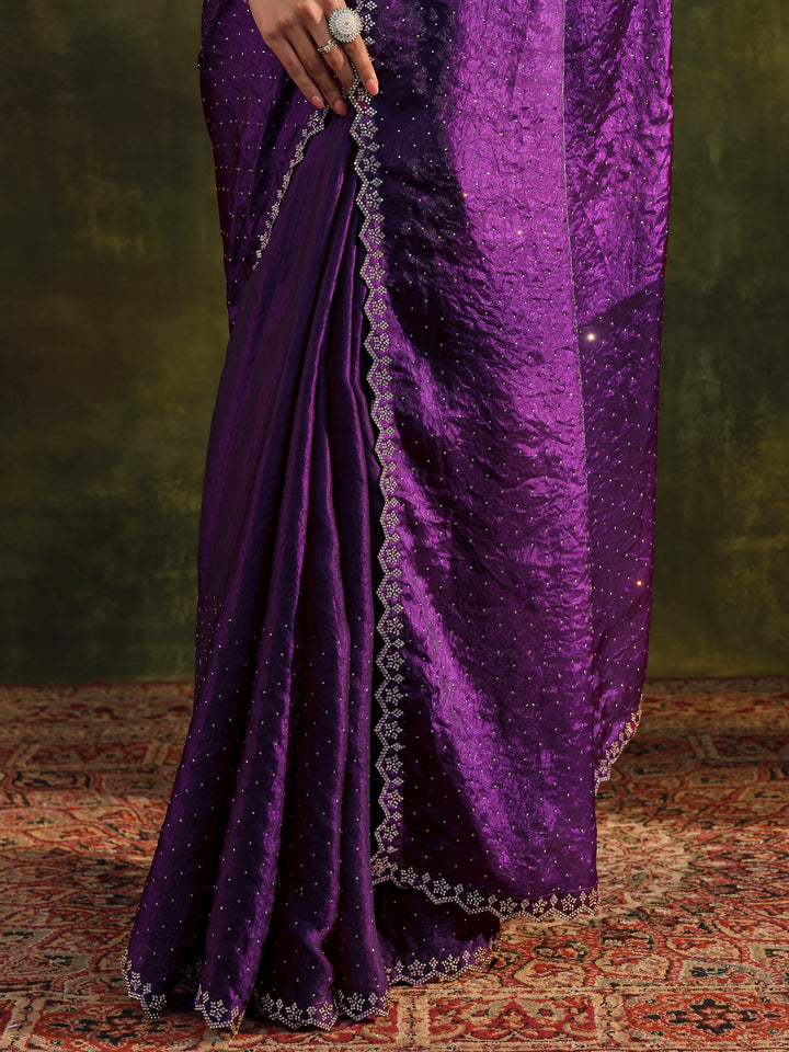 Purple Embellished Tissue Saree With Unstitched Blouse Piece
