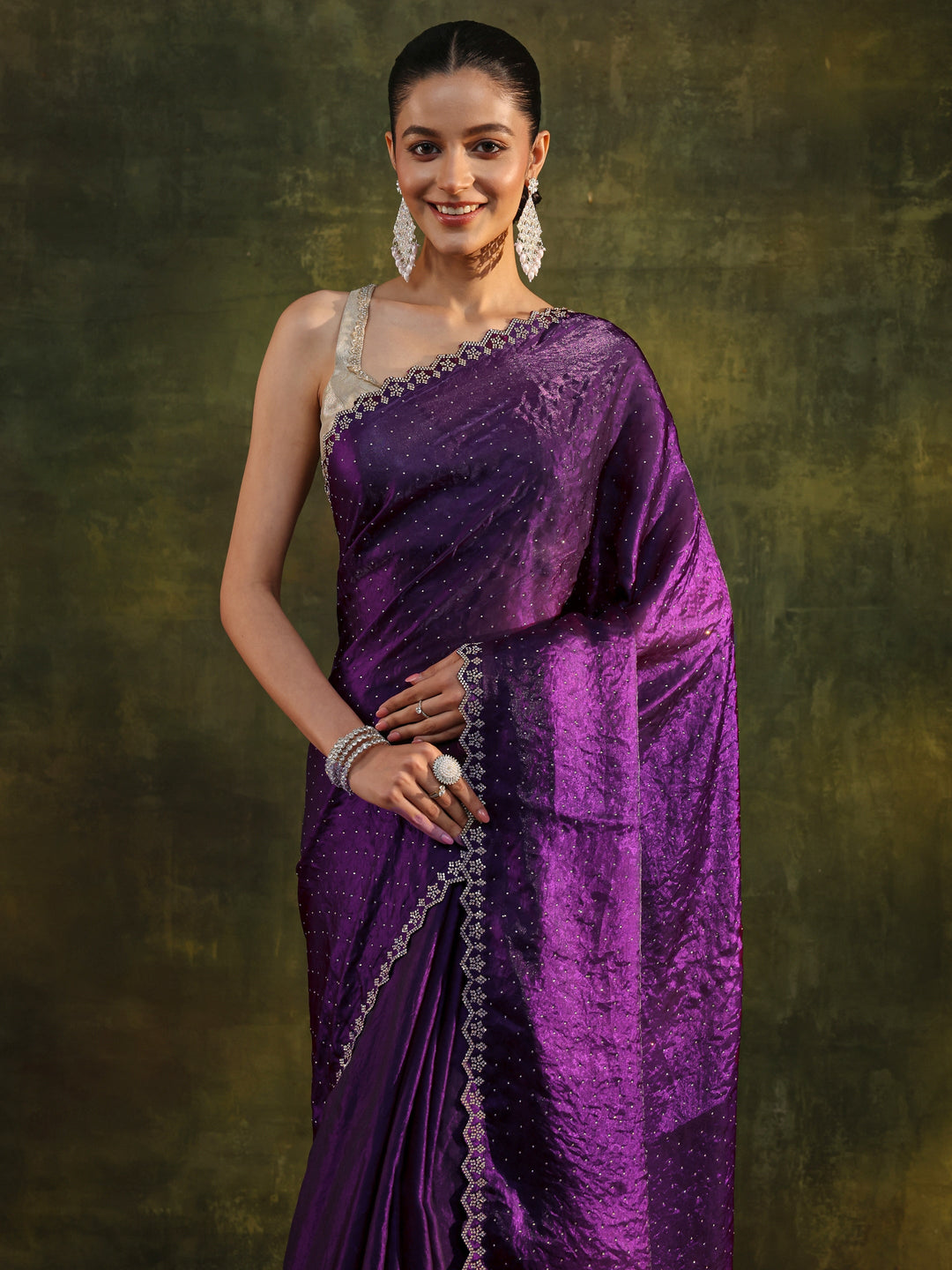 Purple Embellished Tissue Saree With Unstitched Blouse Piece
