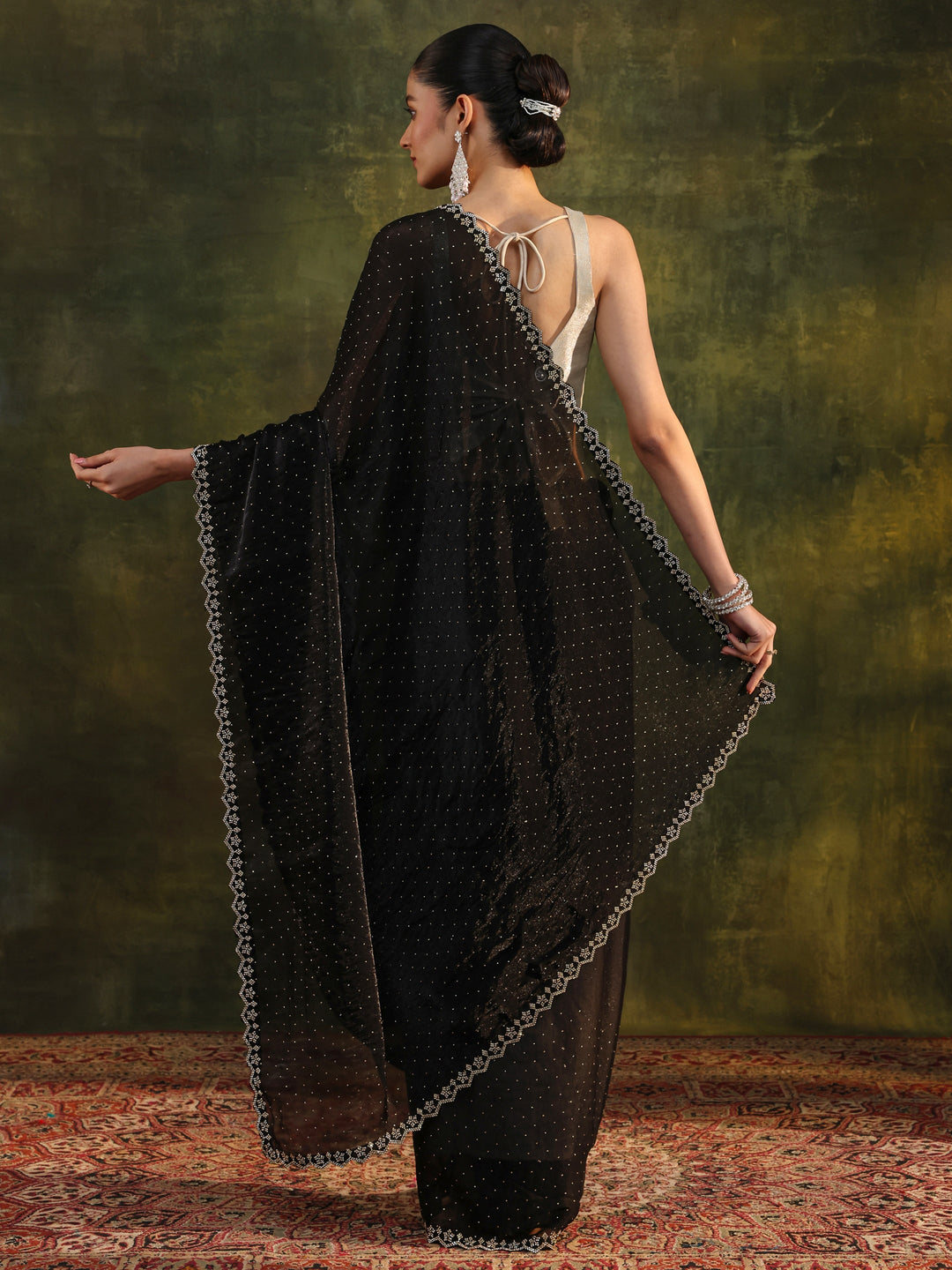 Black Embellished Tissue Saree With Unstitched Blouse Piece