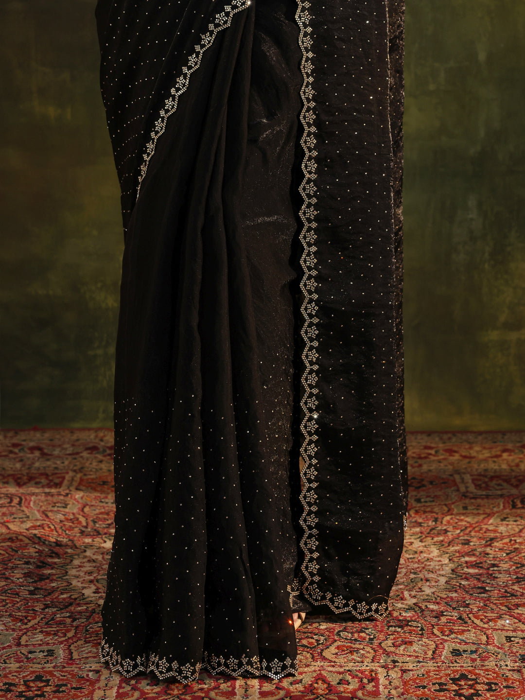 Black Embellished Tissue Saree With Unstitched Blouse Piece