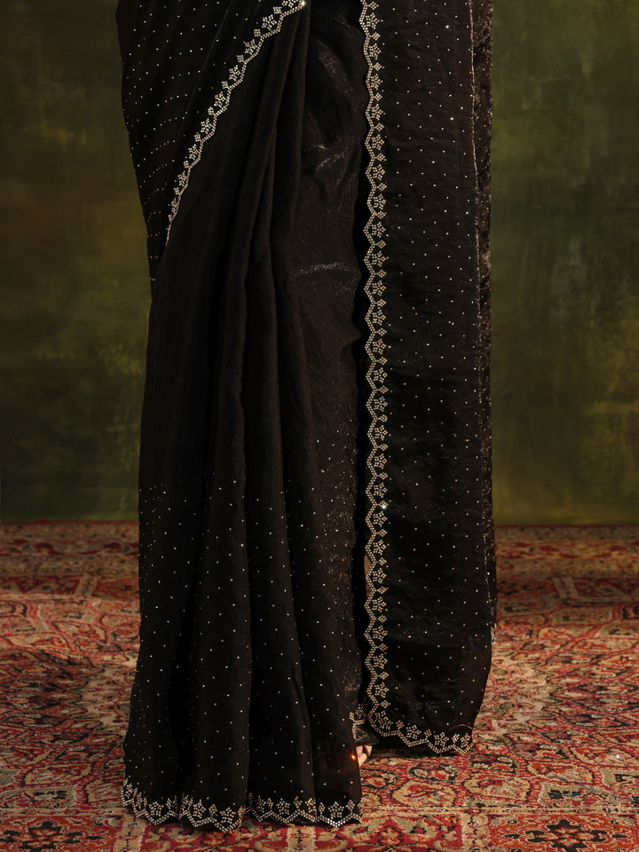 Black Embellished Tissue Saree With Unstitched Blouse Piece