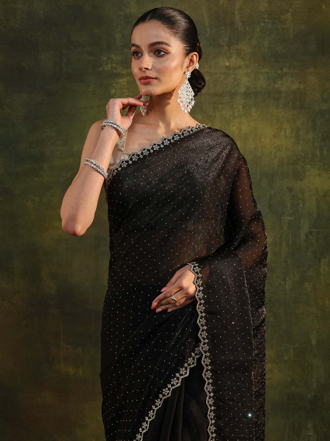 Black Embellished Tissue Saree With Unstitched Blouse Piece