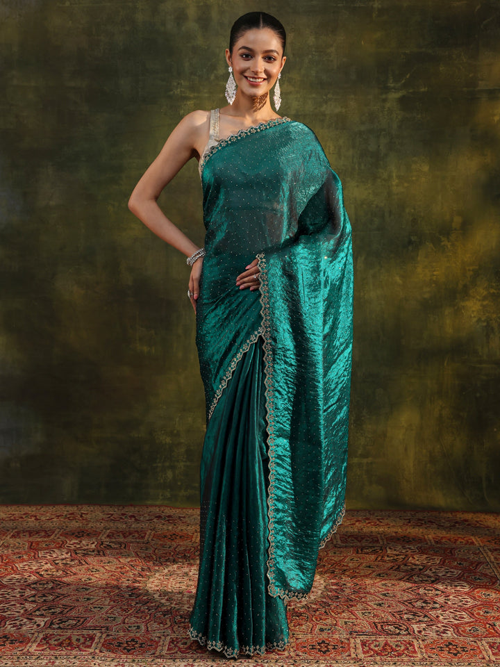 Teal Embellished Tissue Saree With Unstitched Blouse Piece