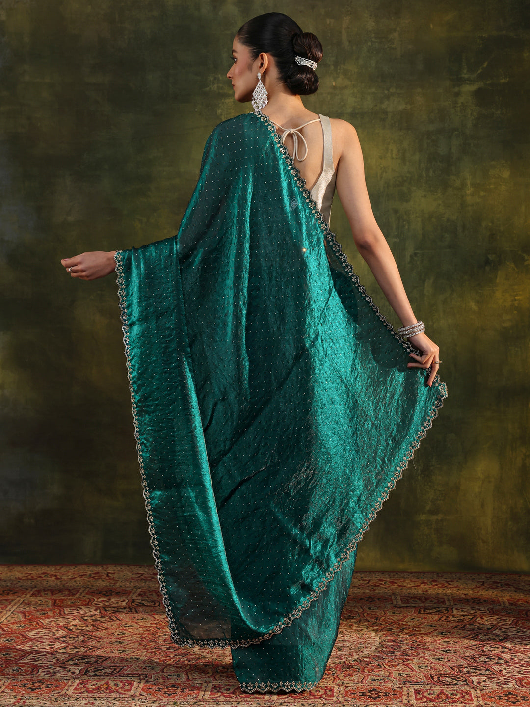Teal Embellished Tissue Saree With Unstitched Blouse Piece