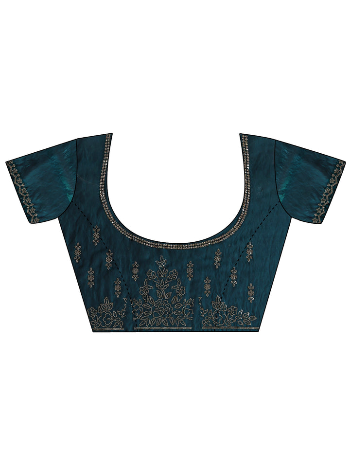 Teal Embellished Tissue Saree With Unstitched Blouse Piece