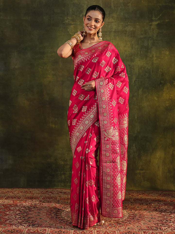 Libas Art Red Woven Design Satin Banarasi Saree With Unstitched Blouse Piece