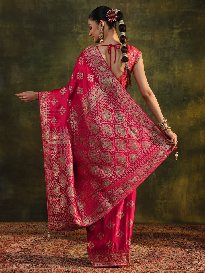Libas Art Red Woven Design Satin Banarasi Saree With Unstitched Blouse Piece