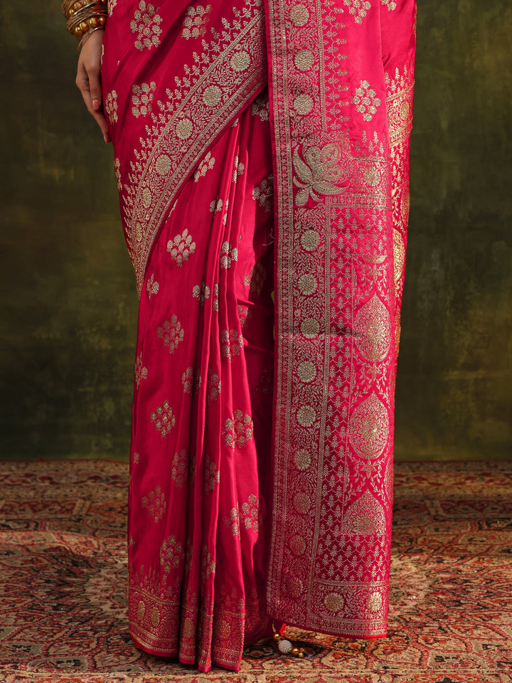 Libas Art Red Woven Design Satin Banarasi Saree With Unstitched Blouse Piece