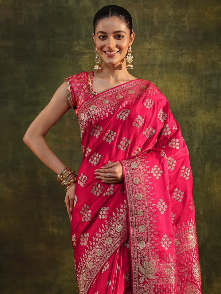 Libas Art Red Woven Design Satin Banarasi Saree With Unstitched Blouse Piece