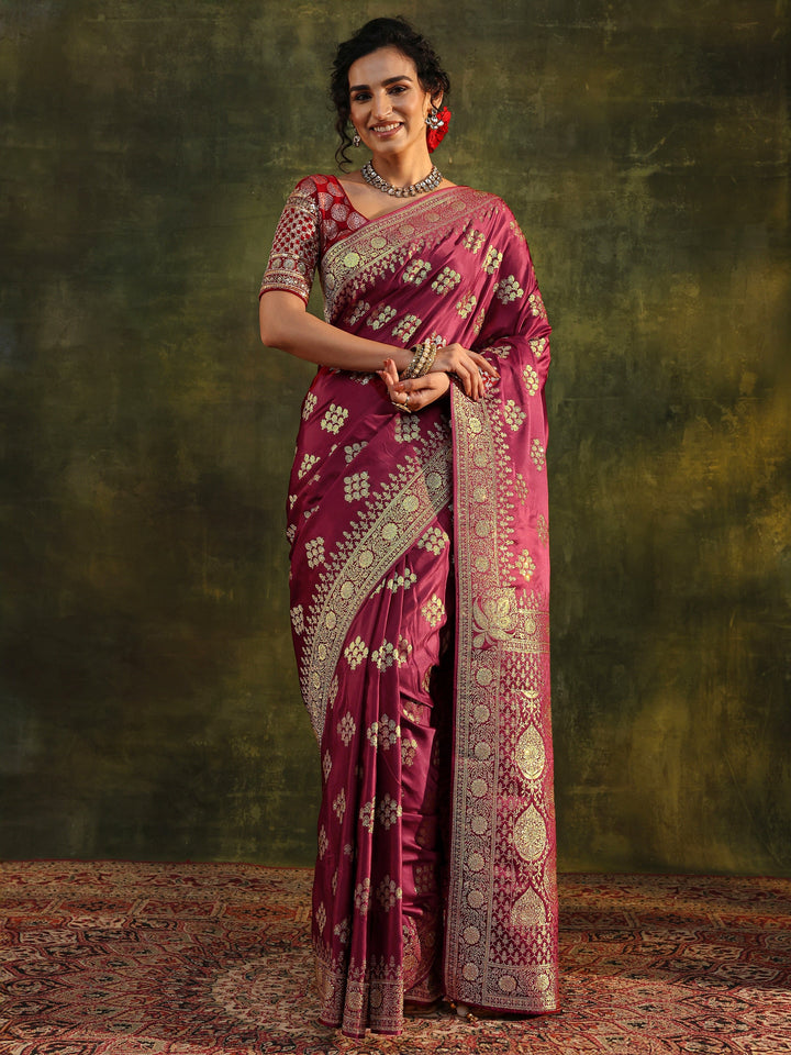 Libas Art Maroon Woven Design Satin Banarasi Saree With Unstitched Blouse Piece