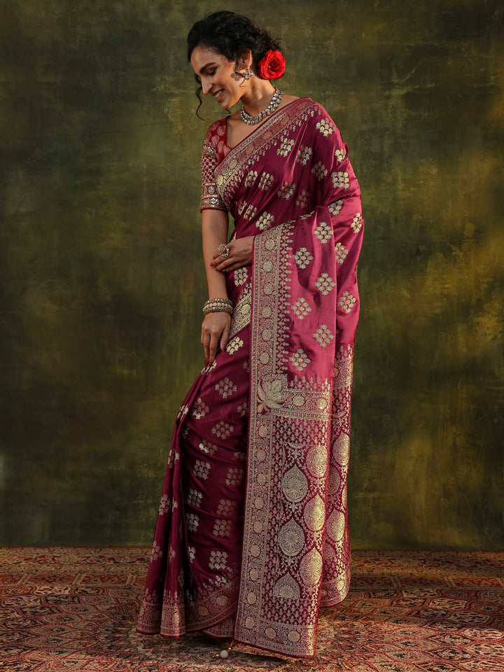 Libas Art Maroon Woven Design Satin Banarasi Saree With Unstitched Blouse Piece
