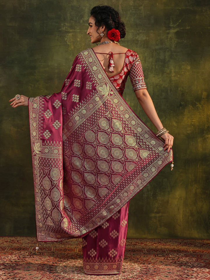 Libas Art Maroon Woven Design Satin Banarasi Saree With Unstitched Blouse Piece