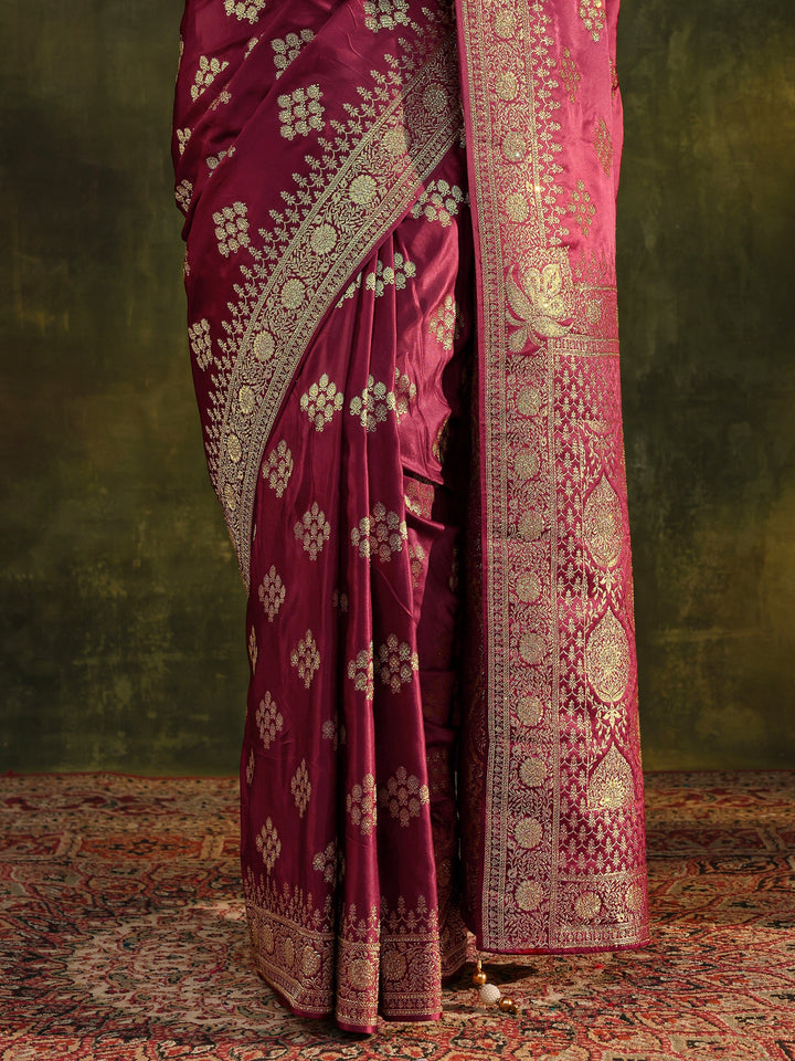 Libas Art Maroon Woven Design Satin Banarasi Saree With Unstitched Blouse Piece
