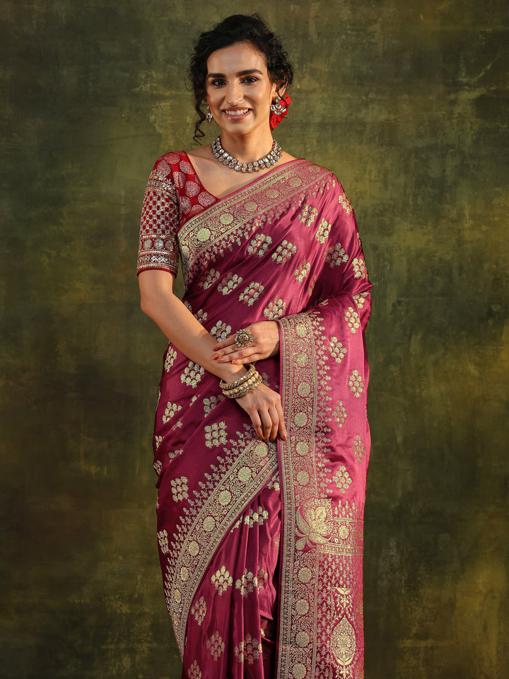 Libas Art Maroon Woven Design Satin Banarasi Saree With Unstitched Blouse Piece