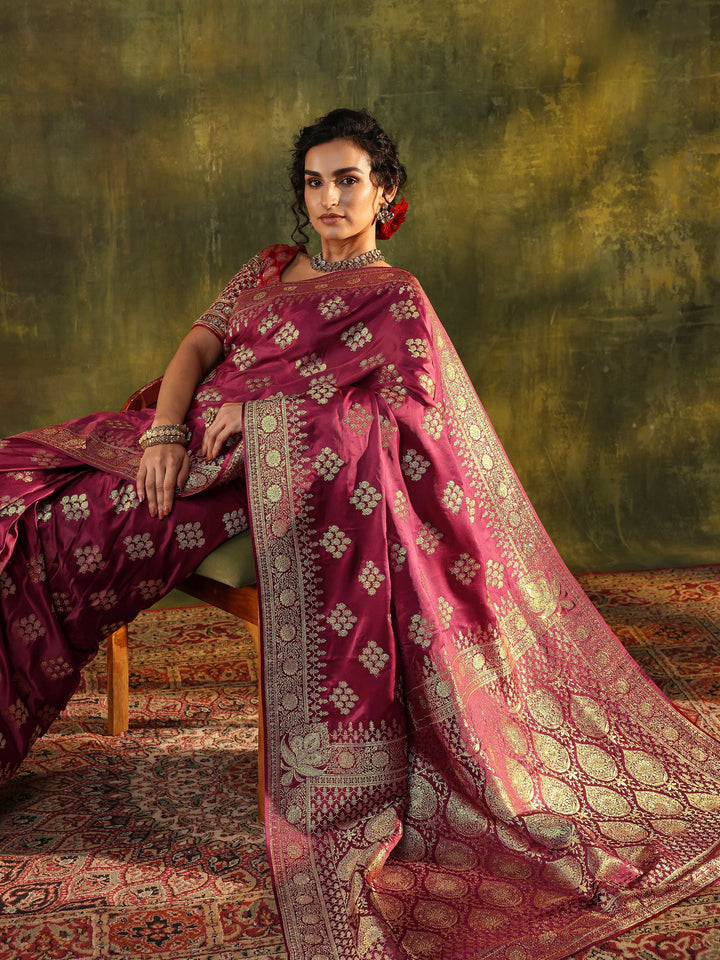 Libas Art Maroon Woven Design Satin Banarasi Saree With Unstitched Blouse Piece