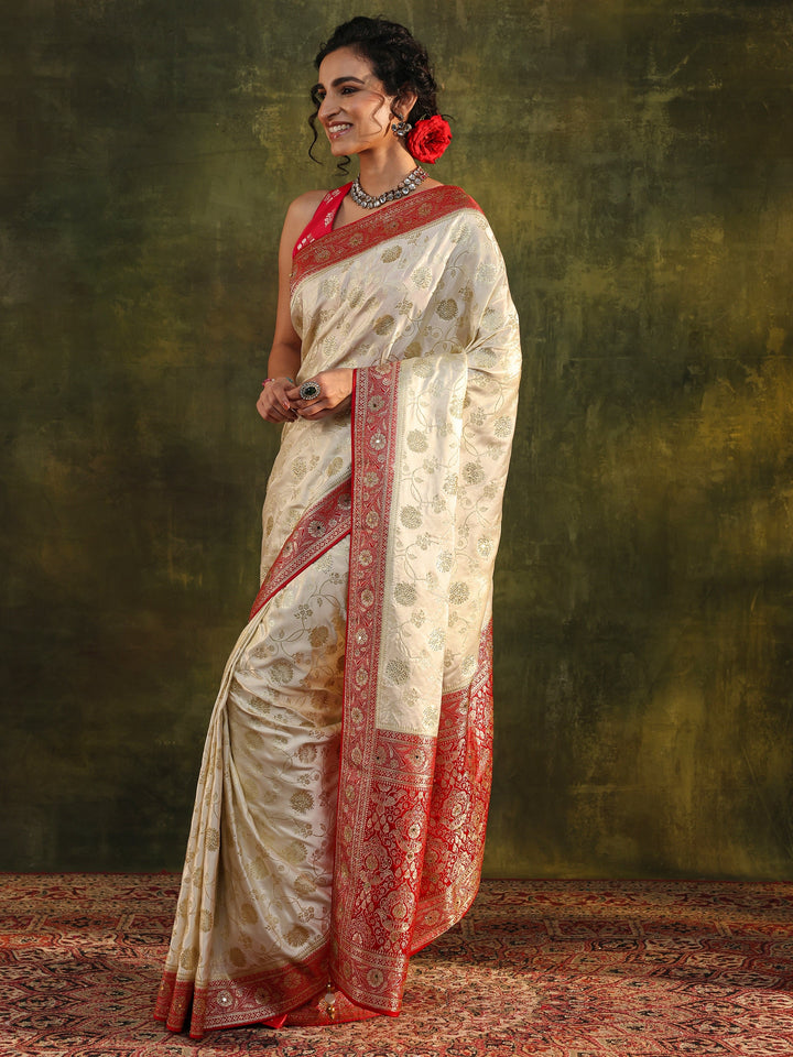 Libas Art Ivory Woven Design Silk Blend Banarasi Saree With Unstitched Blouse Piece