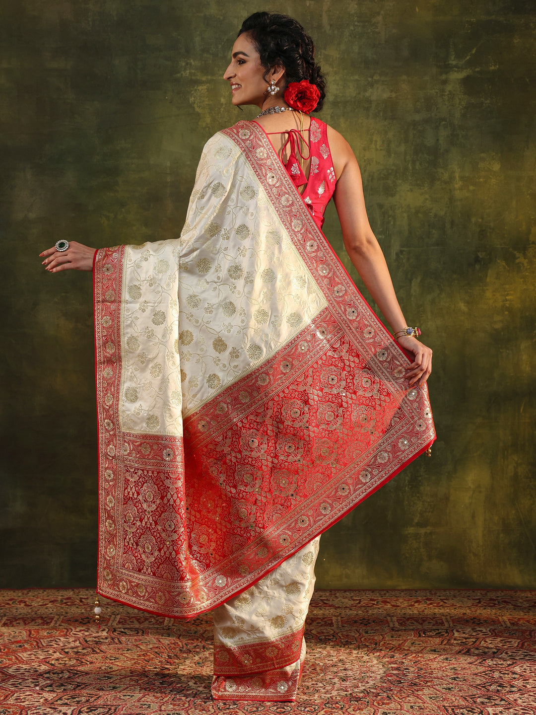 Libas Art Ivory Woven Design Silk Blend Banarasi Saree With Unstitched Blouse Piece