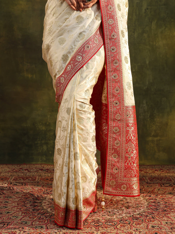 Libas Art Ivory Woven Design Silk Blend Banarasi Saree With Unstitched Blouse Piece