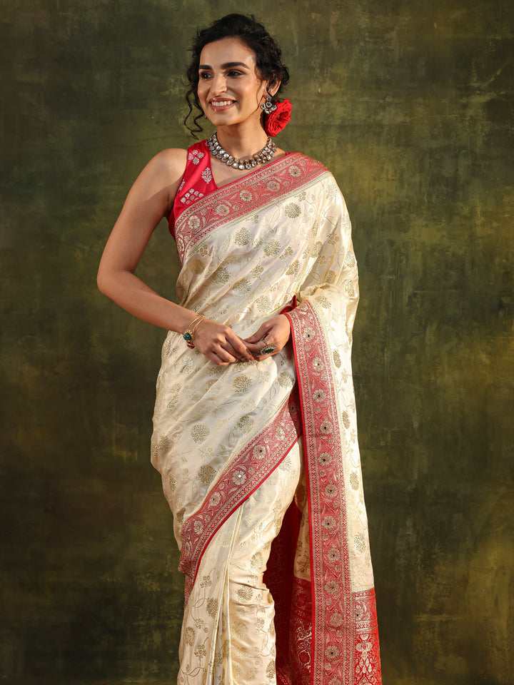 Libas Art Ivory Woven Design Silk Blend Banarasi Saree With Unstitched Blouse Piece