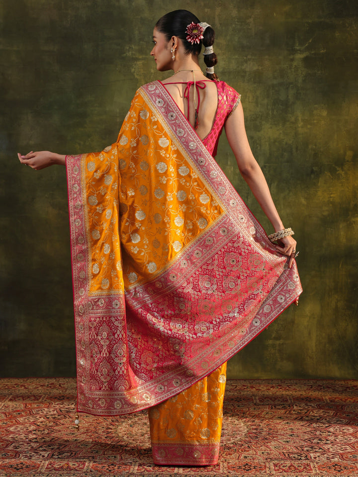 Libas Art Mustard Woven Design Silk Blend Banarasi Saree With Unstitched Blouse Piece