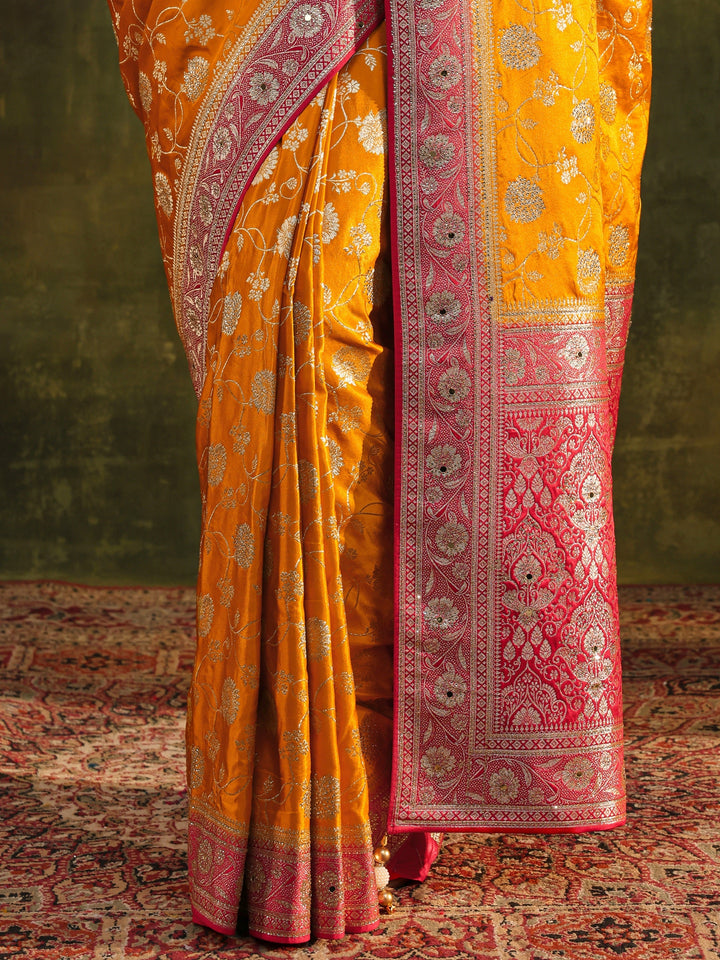 Libas Art Mustard Woven Design Silk Blend Banarasi Saree With Unstitched Blouse Piece