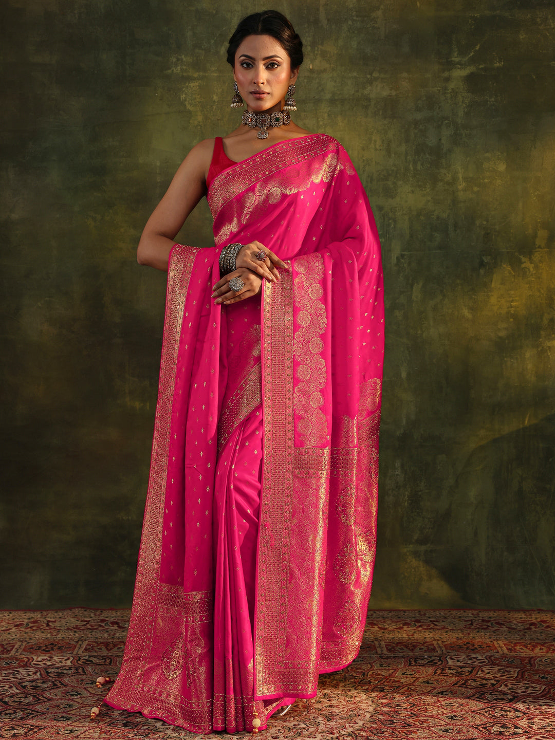 Libas Art Pink Banarasi Satin Saree With Unstitched Blouse And Dupatta