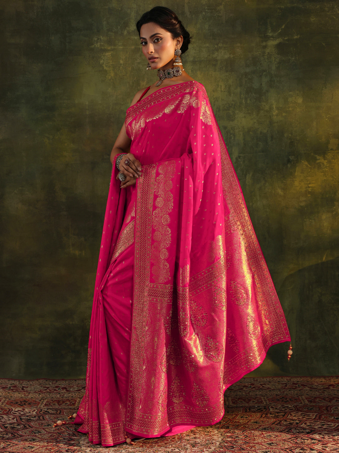 Libas Art Pink Banarasi Satin Saree With Unstitched Blouse And Dupatta