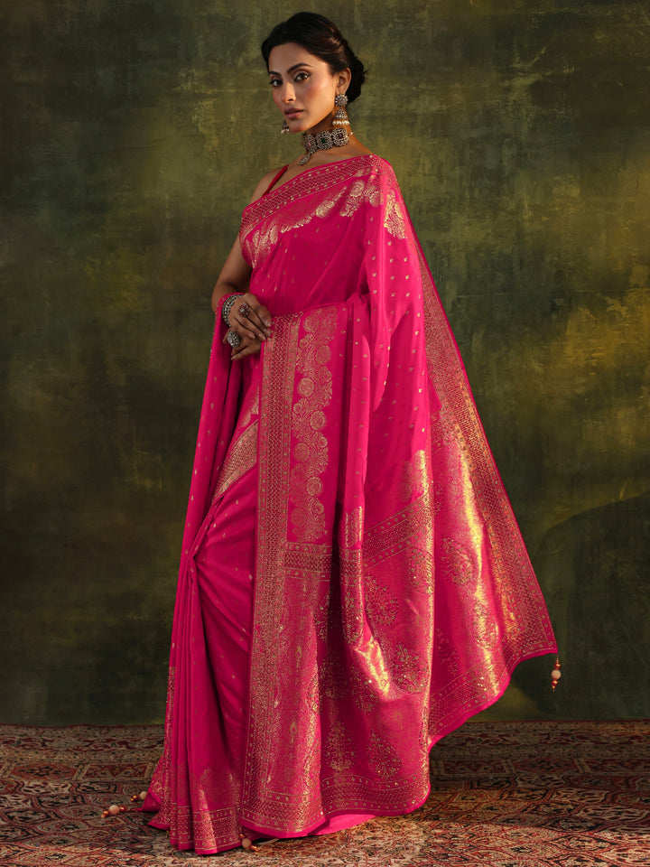 Libas Art Pink Banarasi Satin Saree With Unstitched Blouse And Dupatta