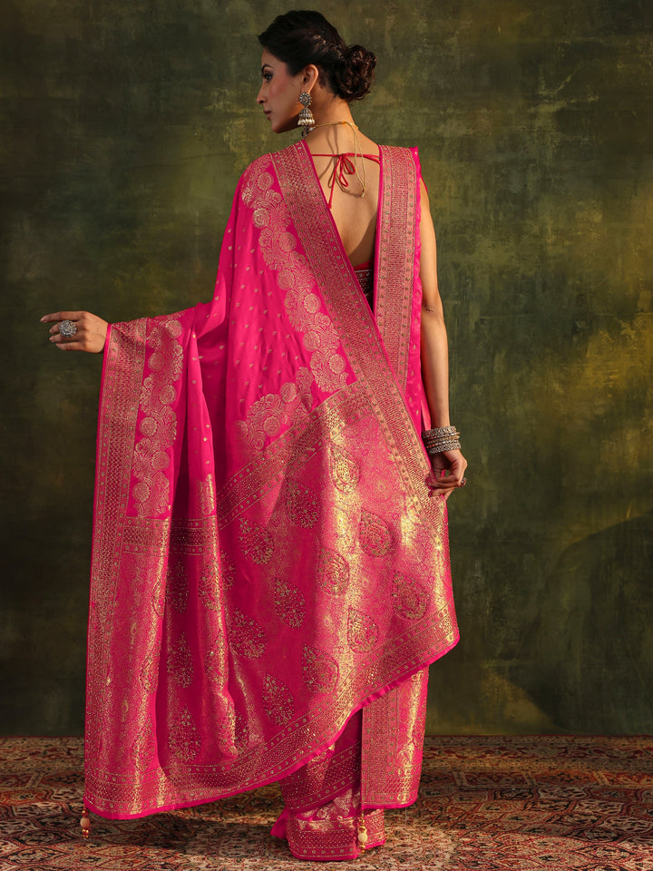 Libas Art Pink Banarasi Satin Saree With Unstitched Blouse And Dupatta