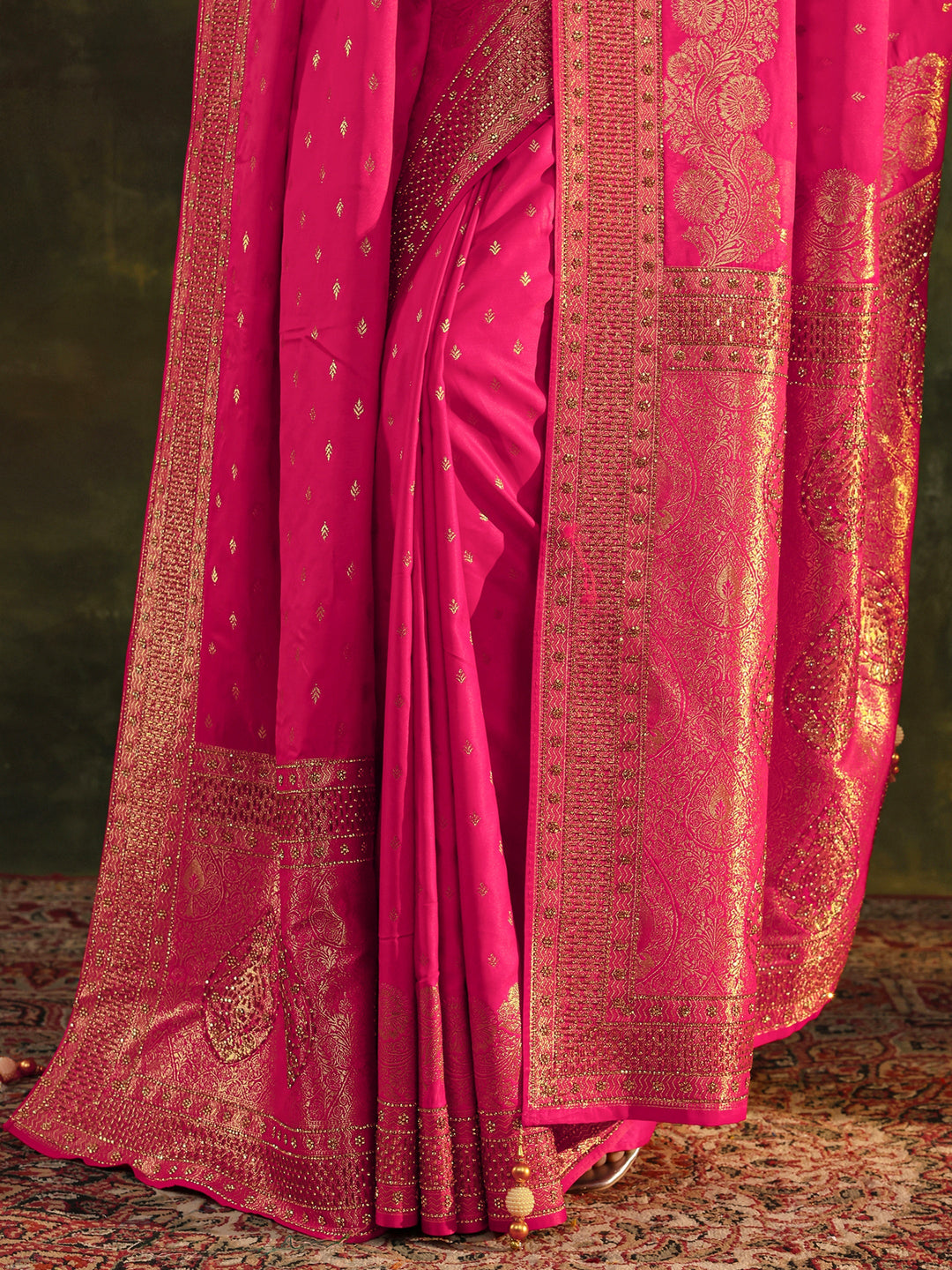 Libas Art Pink Banarasi Satin Saree With Unstitched Blouse And Dupatta