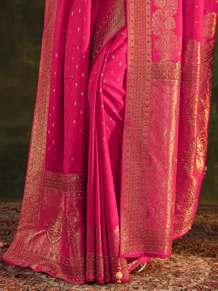 Libas Art Pink Banarasi Satin Saree With Unstitched Blouse And Dupatta