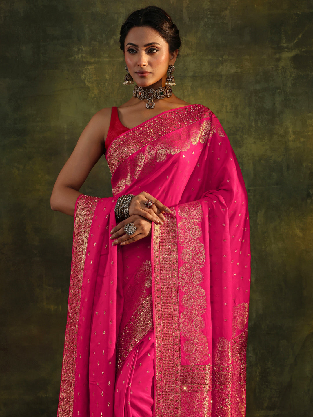 Libas Art Pink Banarasi Satin Saree With Unstitched Blouse And Dupatta