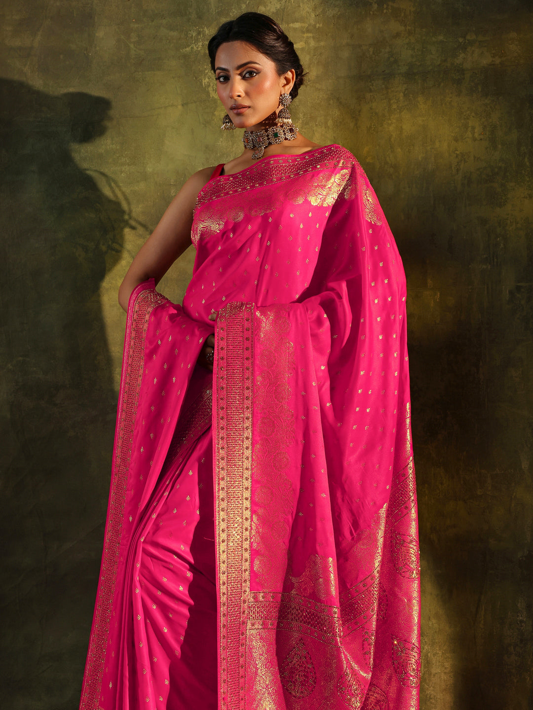 Libas Art Pink Banarasi Satin Saree With Unstitched Blouse And Dupatta