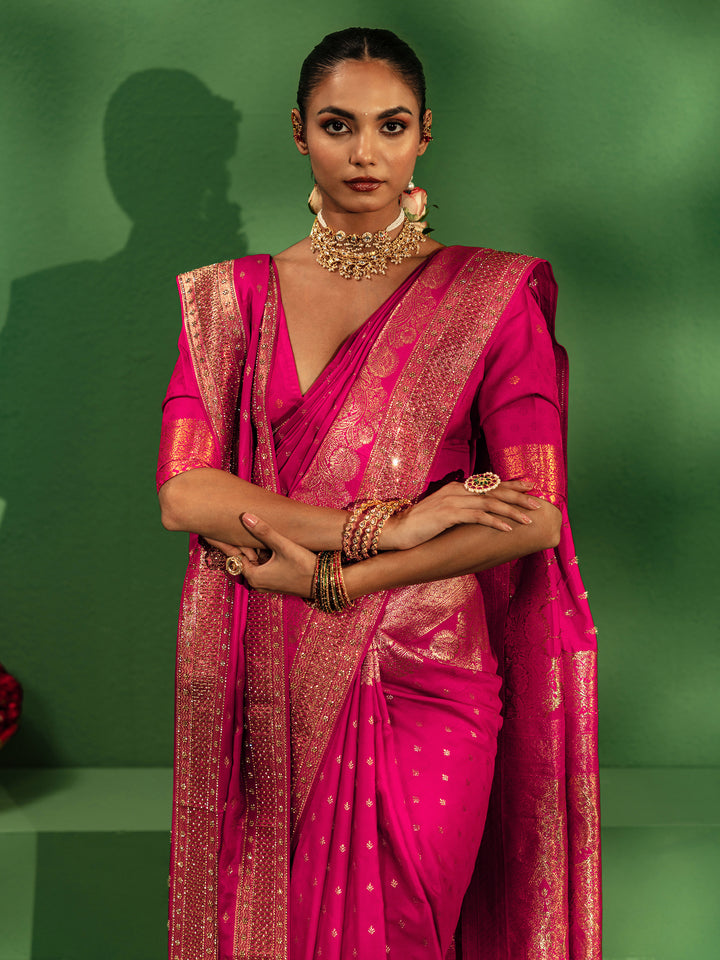 Libas Art Rupsi Pink Banarasi Satin Saree With Unstitched Blouse And Dupatta
