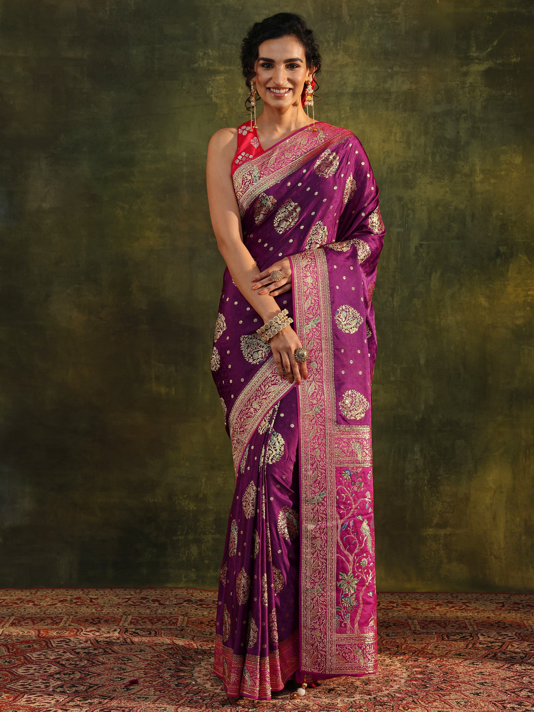 Libas Art Burgundy Ethnic Woven Design Satin Saree With Unstitched Blouse Piece