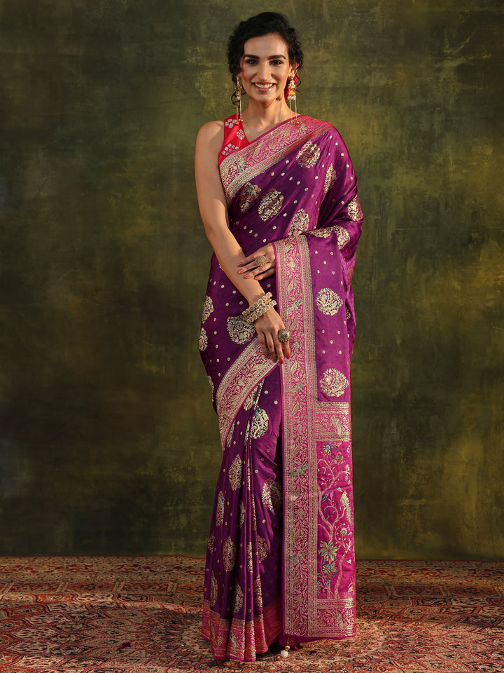Libas Art Burgundy Ethnic Woven Design Satin Saree With Unstitched Blouse Piece