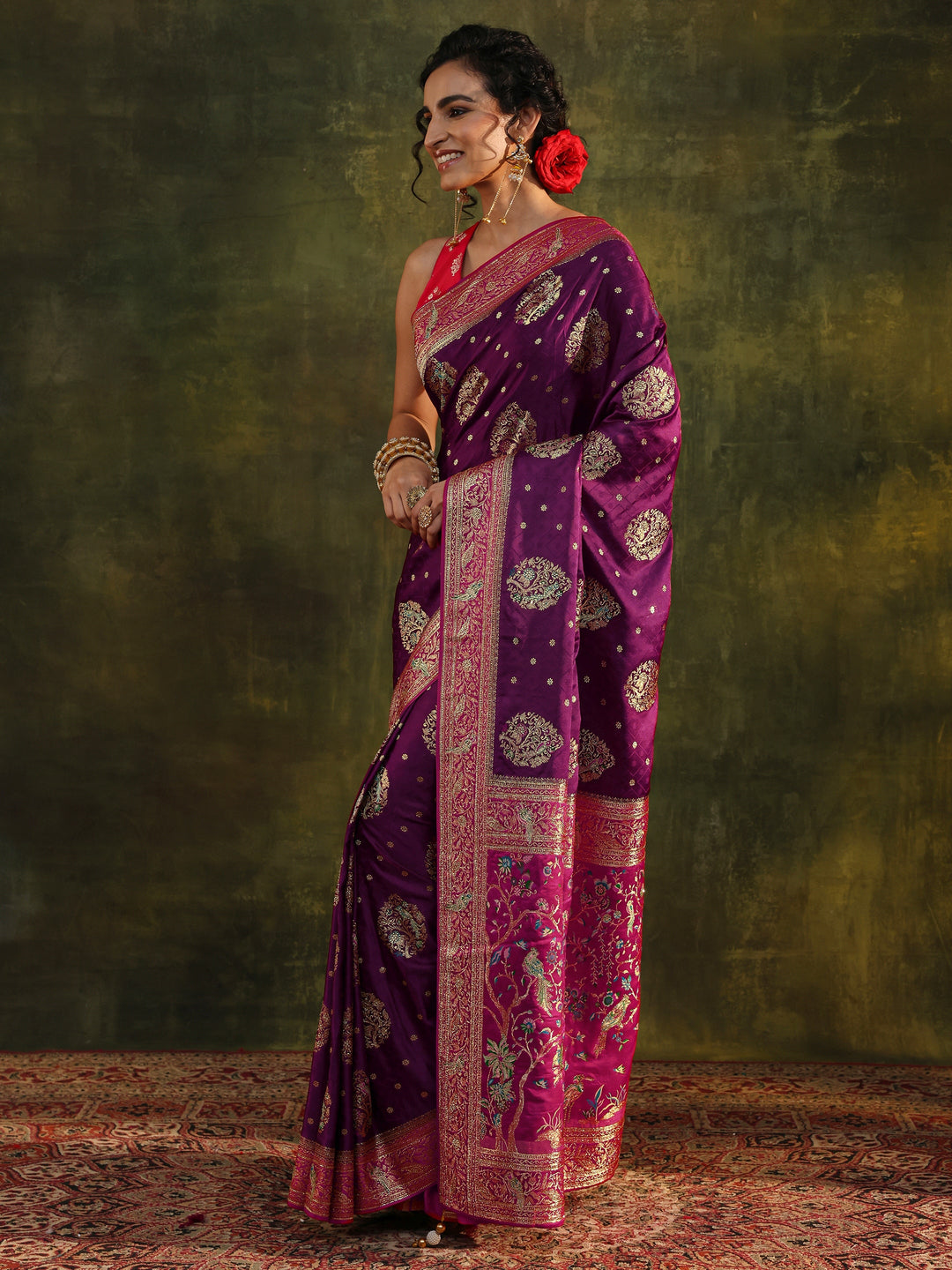 Libas Art Burgundy Ethnic Woven Design Satin Saree With Unstitched Blouse Piece