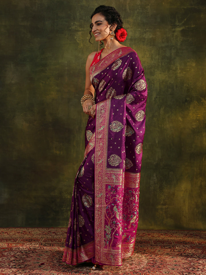 Libas Art Burgundy Ethnic Woven Design Satin Saree With Unstitched Blouse Piece