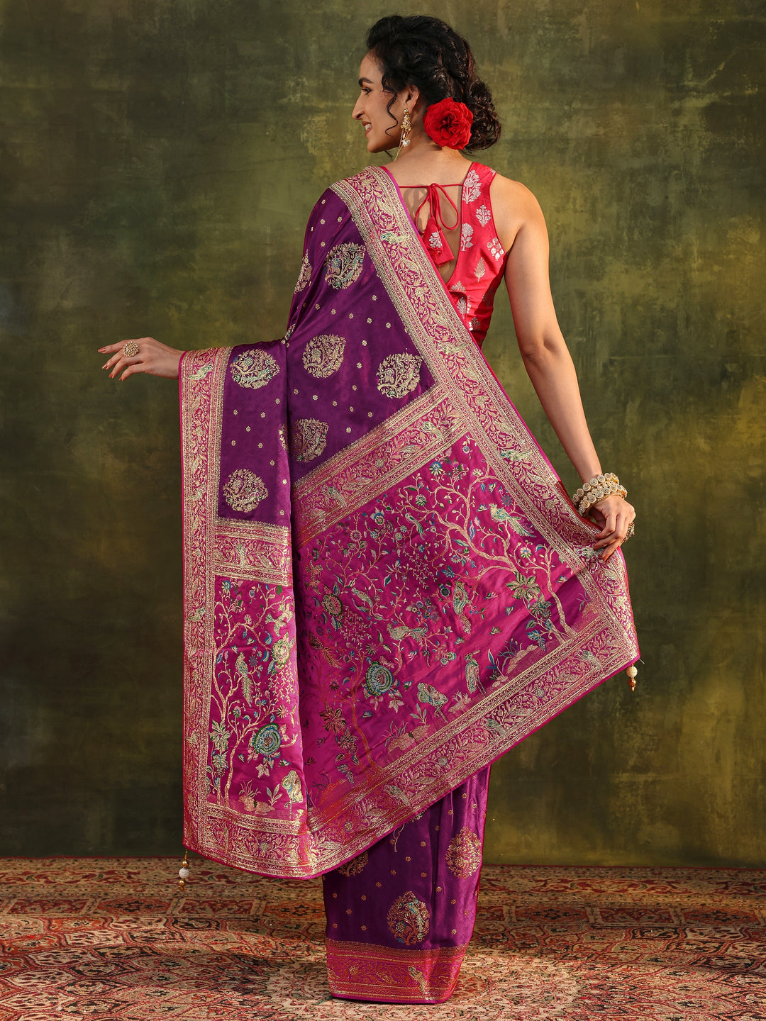 Libas Art Burgundy Ethnic Woven Design Satin Saree With Unstitched Blouse Piece