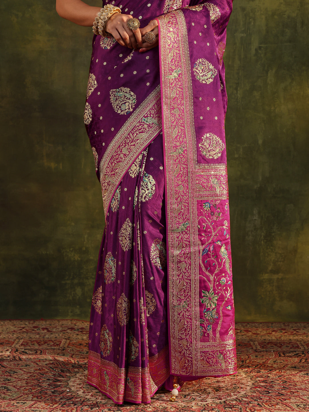 Libas Art Burgundy Ethnic Woven Design Satin Saree With Unstitched Blouse Piece