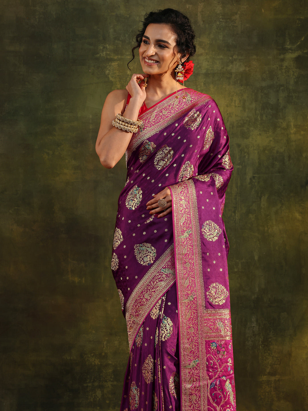 Libas Art Burgundy Ethnic Woven Design Satin Saree With Unstitched Blouse Piece