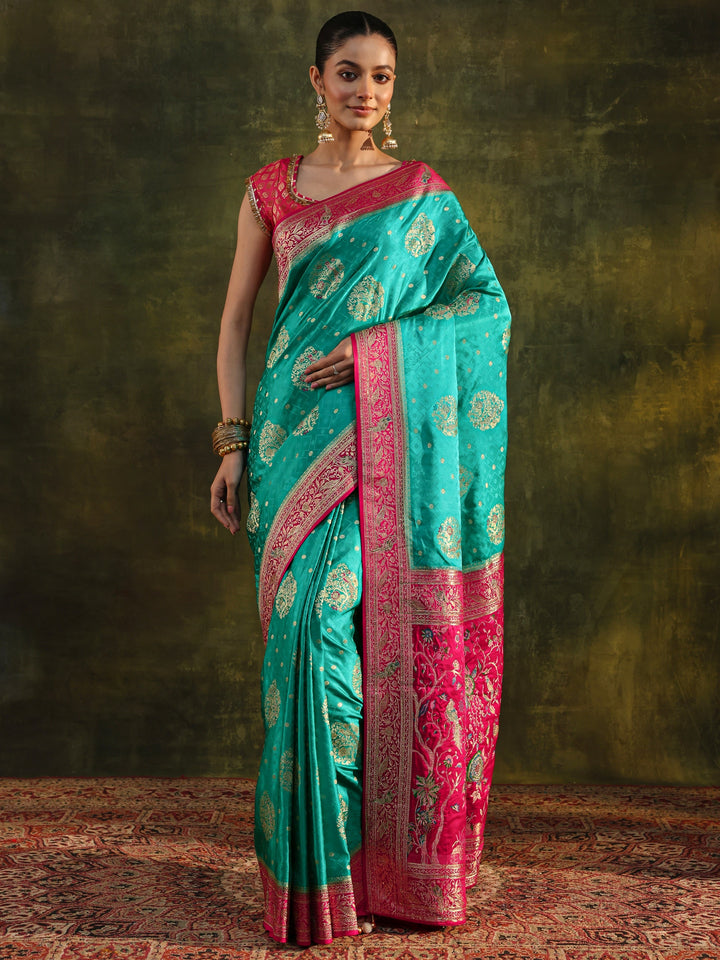 Libas Art Green Woven Design Satin Banarasi Saree With Unstitched Blouse Piece