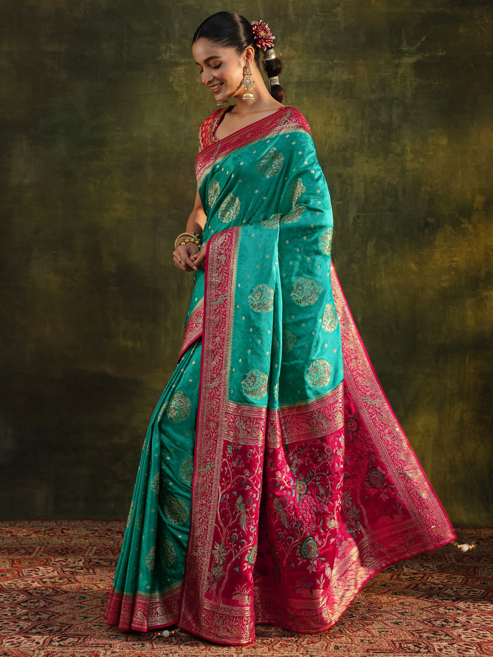 Libas Art Green Woven Design Satin Banarasi Saree With Unstitched Blouse Piece