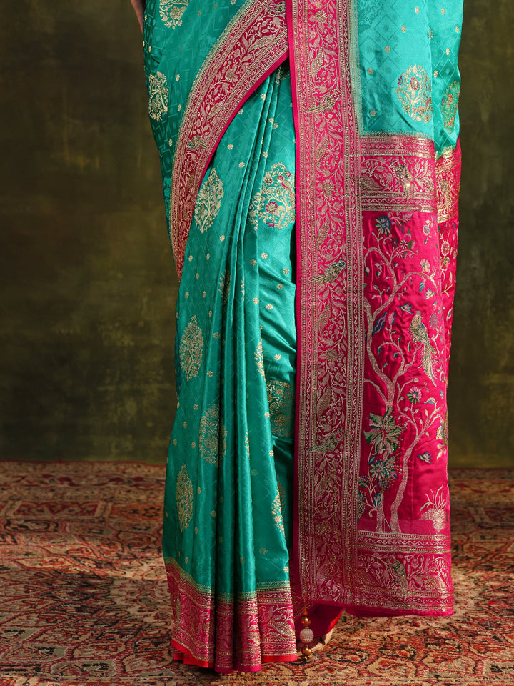 Libas Art Green Woven Design Satin Banarasi Saree With Unstitched Blouse Piece