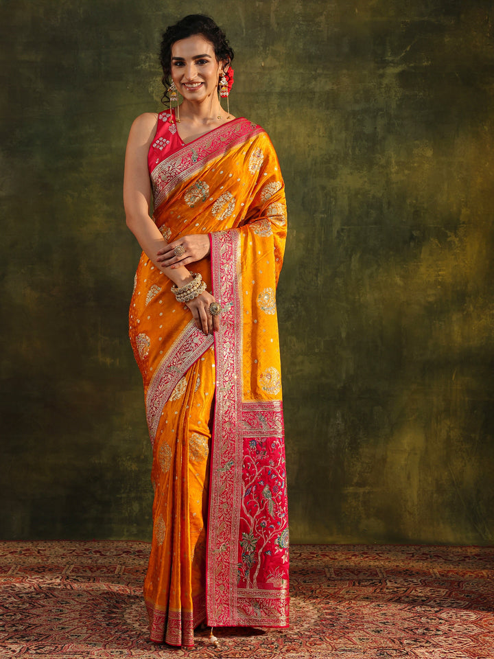 Libas Art Mustard Ethnic Woven Design Satin Saree With Unstitched Blouse Piece